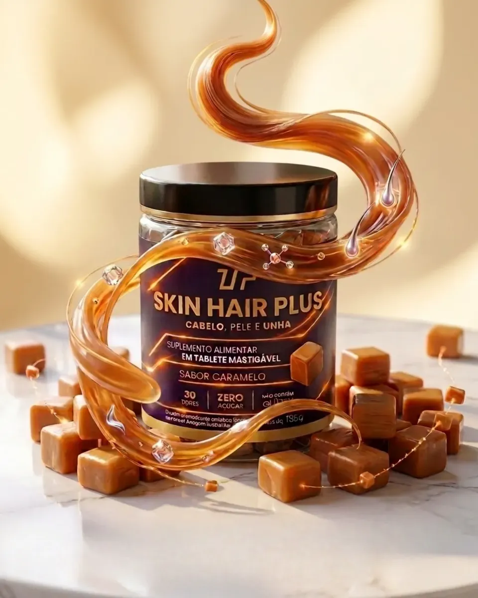 Pote translúcido de Skin Hair Plus com caramelos mastigáveis